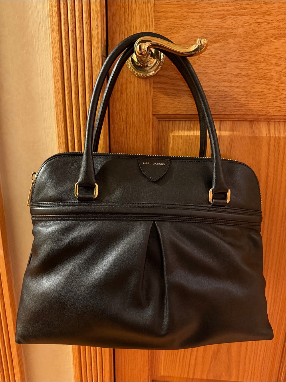 Marc Jacobs Black Leather Double-Handle Satchel with Gold Accents